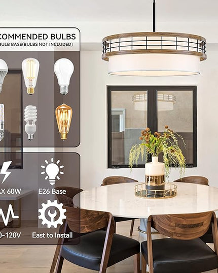22" Large Drum Chandelier, Black and Wood Texture Pendant Light, 5-Light Farmhouse Kitchen Chandelier for Dining Room Foyer Entryway Bedroom