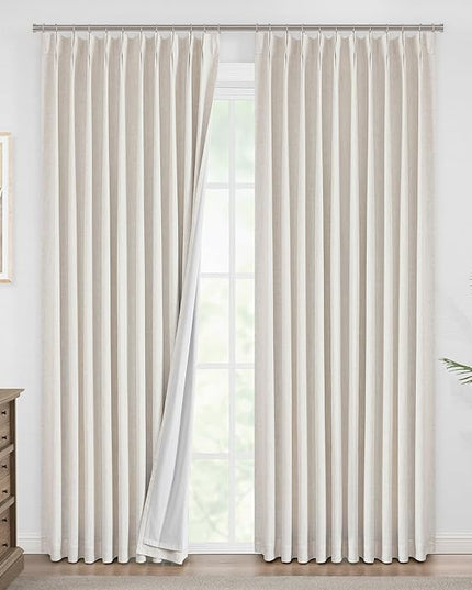 Vision Home Natural Pinch Pleated Full Blackout Curtains Linen Blended Room Darkening Window Curtains 102 inch for Living Room Bedroom Thermal Insulated Pinch Pleat Drapes with Hooks 60" Wx102 Lx1