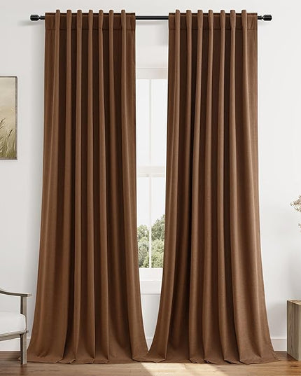 Guken 100% Blackout Linen Curtains 108 Inch Length 2 Panels Set for Living Room Bedroom Back Tab Thermal Insulated Black Out Linen Drapes Room Darkening Window Curtains,Caramel Brown