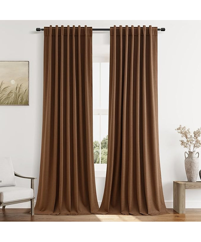 Guken 100% Blackout Linen Curtains 96 Inch Length 2 Panels Set for Living Room Bedroom Back Tab Thermal Insulated Black Out Linen Drapes Room Darkening Window Curtains,Caramel Brown