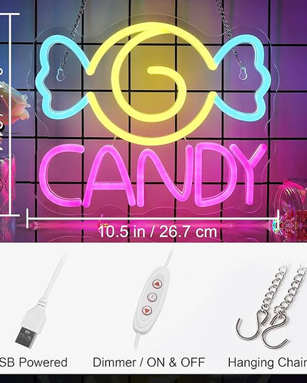 Neon Sign for Wall Decor, Lights for Workshop, Business Signs - Suitable for Man Cave Bar Pub Restaurant - 5V Power Adapter with Hanging Chain Hooks (CANDY)