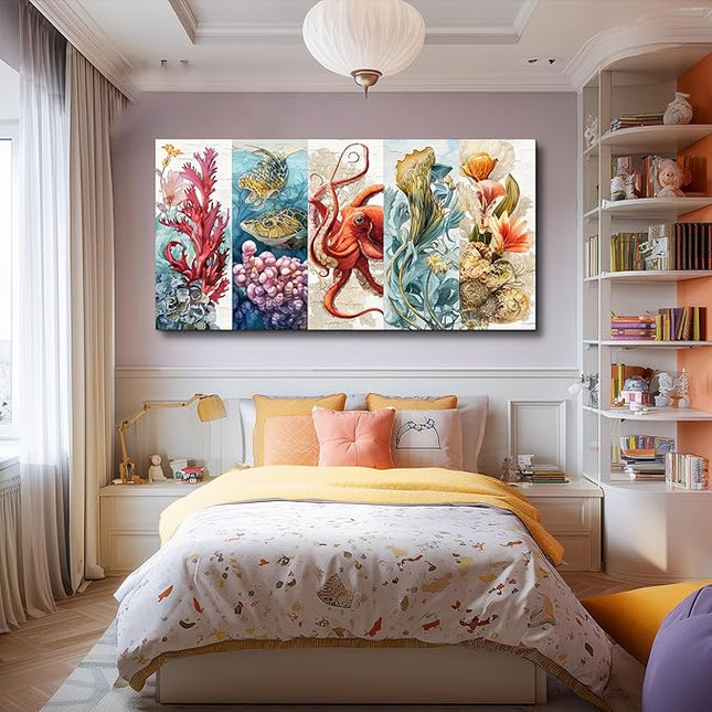 XIGUANGART Large Wall Decor for Living Room Bedroom Bathroom Framed Canvas Wall Art Undersea Abstract Pictures Octopus Coral Reef Vibrant Colorful Marine Animals Painting Nautical Home Decorations
