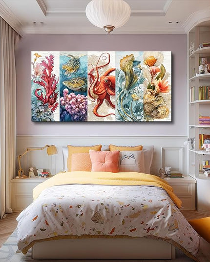 XIGUANGART Bathroom Canvas Wall Art Large Wall Decor for Living Room Bedroom Undersea Pictures Watercolor Octopus Coral Reef Colorful Marine Animals Painting Farmhouse Modern Framed Home Decorations