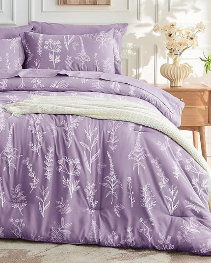 MUXHOMO Grayish Purple Full Comforter Set, Elegant Floral Print Bed in a Bag 7 Pieces, Ultra Soft & Breathable Reversible Botanical Pattern Bedding Set with Comforter, Sheets, Pillowcases, and Shams