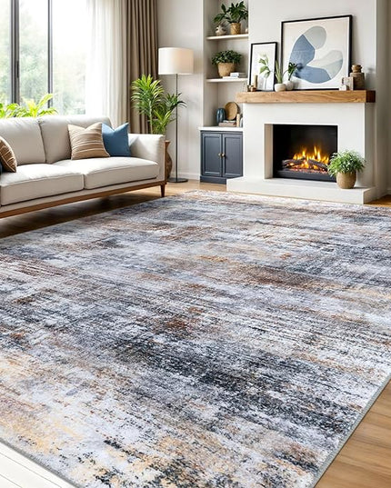 IOHOUZE Abstract Area Rugs 9x12 Ft Washable Large Rugs for Living Room, Non Slip Dining Room Rug, Printed Faux Wool Rugs for Bedroom, Floor Carpet for Office Nursery Playroom, Orange Grey