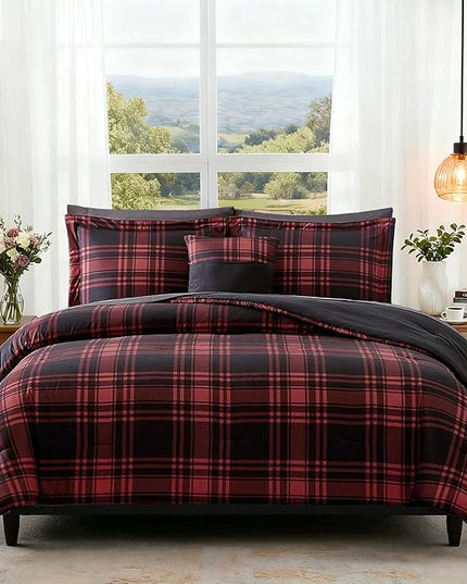 MaiRêve King Comforter Set, Classic Red Black Plaid Bedding Set 7 Pieces, Farmhouse Lightweight All Season Bed in a Bag with Sheets, Pillowcases & Shams