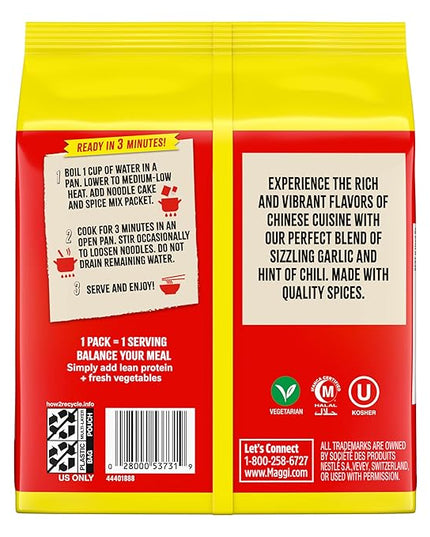 Maggi Chinese Spicy Garlic Noodles, Instant Ramen Noodles, 3 min, Vegetarian, Halal, Kosher, 4-Pack