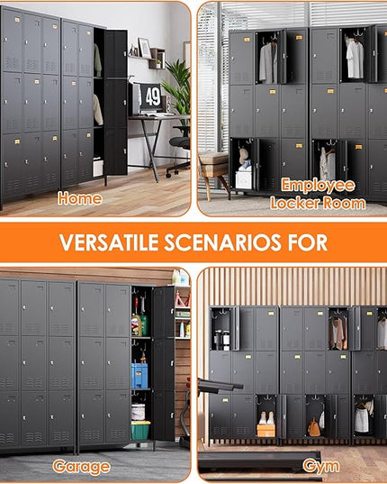 Aobabo New 9 Doors Metal Storage Locker for Employees, Lockable Steel Locker with Name Card Slot and 27 Hooks for School Office Gym Garage, Black, Assembly Required