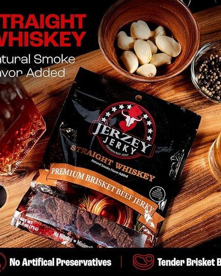Jerzey Jerky Straight Whiskey Brisket Jerky 2.5oz (2 Pack) – High Protein, Gluten Free and Healthy Beef Snacks with Rich, Authentic Flavor