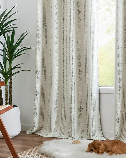 jinchan 95% Blackout Boho Curtains 96 Inch Length for Bedroom Living Room Sage Green on Beige Geometric Printed Grommet Top Room Darkening Thermal Insulated Window Drapes 2 Panels