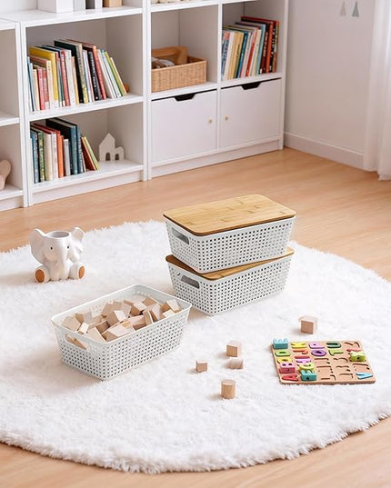 Storage Bins with Lids 10 Packs, Plastic Storage Bins with Bamboo Lids for Pantry Organization and Storage Containers for Shelves Drawers Desktop Closet Playroom Classroom Office Home, White