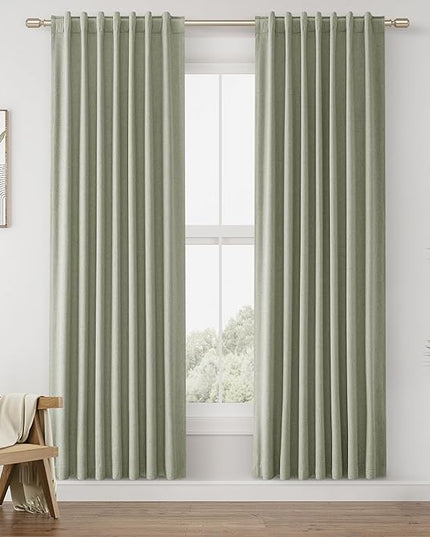 Sage Green Linen Blackout Curtains 80 Inch Length 2 Panels Set for Living Room Bedroom Back Tab Thermal Insulated 100% Black Out Linen Drapes Room Darkening Window Curtains 80 Inches Long