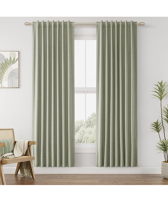 Sage Green Linen Blackout Curtains 80 Inch Length 2 Panels Set for Living Room Bedroom Back Tab Thermal Insulated 100% Black Out Linen Drapes Room Darkening Window Curtains 80 Inches Long