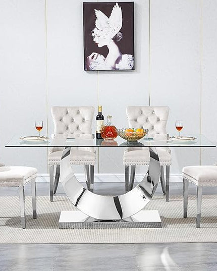 5 Piece Dining Table Set, Modern Glass Dining Table Set for 4, 70" Luxury Glass Table w/Silver Stainless Steel Base & 4 Beige Tufted Chairs, Kitchen Dining Room Sets for 4 for Breakfast Dinner Dinette