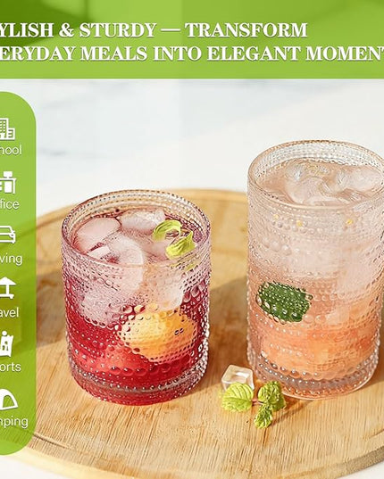 Hobnail Drinking Glasses Set of 4, 10oz Kitchen Water Glasses Cup & 12oz Vintage Cocktail Glasses Drinkware Set for Whisky, Juice, Wine, Milk
