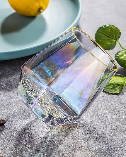 XKXKKE Diamond Wine Glasses Set of 2, 10 OZ Modern Stemless Gold Rim Glass Cups Iridescent Drinking Glassware for Serving Party, Home, Bar, Restaurants, Gift, Rainbow Tumbler, Colorful 2 Pack