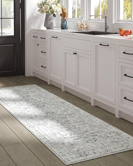 jinchan Lima Hallway Runner Rug 2x10 - Kitchen Washable Rug Floral Runner Non Slip with Rubber Backing Ultra-Thin Vintage Carpet for Bedroom Laundry Room Living Room (2x10ft, Grey)