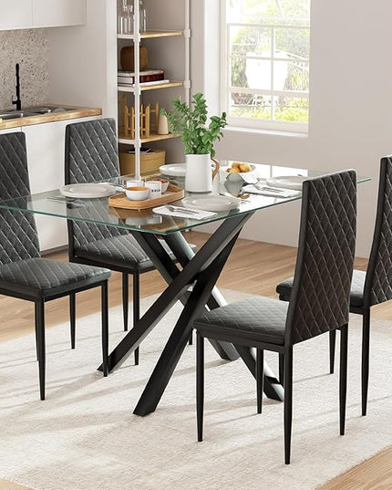 51.18 Inch Glass Dining Table, Rectangular Kitchen Glass Table for 4 People, Modern Dining Room Table for Dinner Kitchen Dining Room(Black)