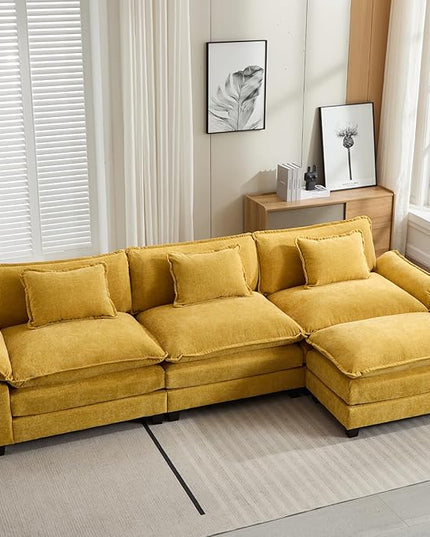 120" Modular Sectional Sofa, Comfy Cloud Couch Sectional Sofa with Ottoman, Chenille Sofa Sleeper Deep Seat Sofa with Throw Pillows for Living Room (Yellow, 120"- L Shape)