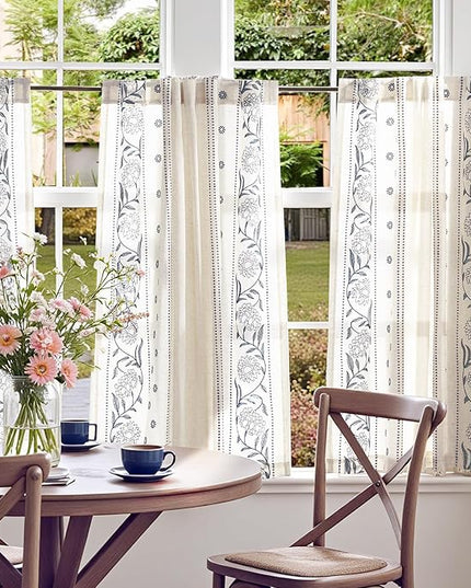 jinchan Winslow Linen Curtains 45 Inch Length Small Window Curtains Embroidered Bordered Floral Drapes Light Filtering for Bathroom Laundry Room Kitchen Farmhouse Decor Blue on Beige 2 Panels