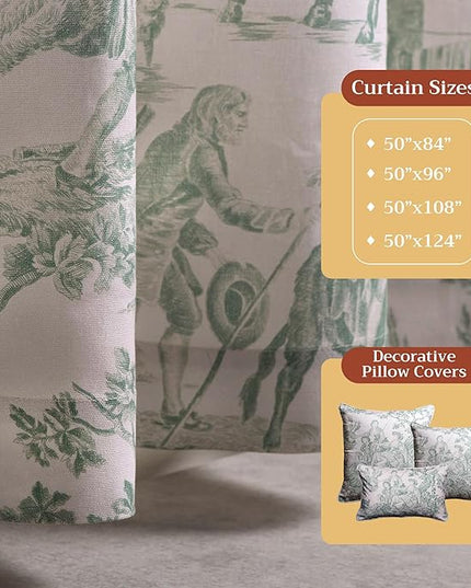 Maison d' Hermine Curtains for Living Room 100% Cotton 96 inch Length One Panel Light Filtering Toile Curtains for Bedroom Windows with Rod and Loop Pockets (The Miller Antique Green, 50" W x 96" L)