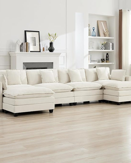 147'' Sectional Cloud Deep Seat Couch, Oversized Chenille U Shaped Sectional Sofa for Living Room Set, Comfy Upholstered Modular Sectional Sofa Couch with 2 Movable Ottoman, Beige