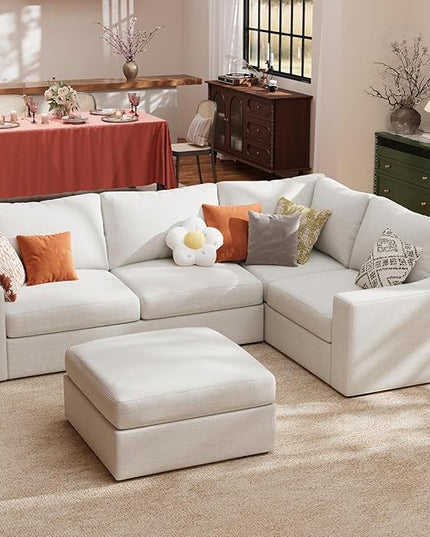 ABCASA 112" Modular Sectional Sofa, Large 5 Seater L Shaped Couch with Detachable Sofa Cover, Movable Ottoman, Deep Seat Corner Couch for Living Room, Apartment - Linen Fabric, Ivory