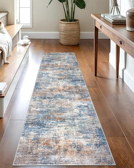 IOHOUZE Abstract Runner Rug 2x8 Ft Washable Runners for Hallways, Non Slip Kitchen Runner Printed Faux Wool Entryway Runner Indoor, Modern Abstract Floor Carpet for Hall Bedroom, Blue Rust