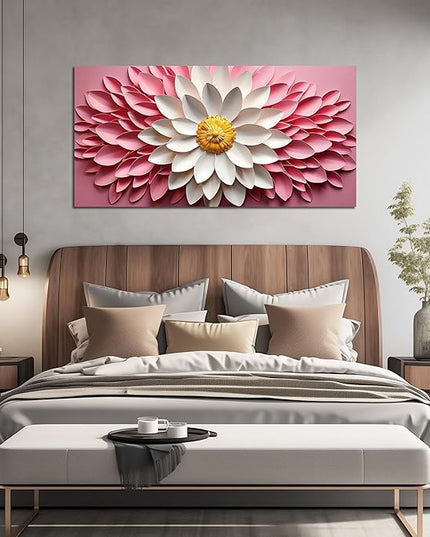 Ouzzlie Large Floral Wall Art Bedroom Pink Canvas Wall Decor Flower Picture Art White Artwork for Living Room Office 29" x 59"