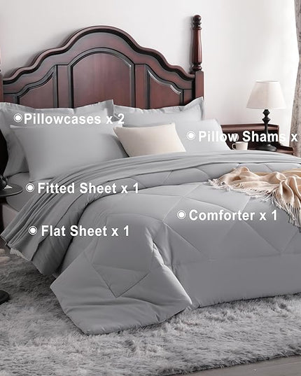 NTBAY Queen Comforter Set with Sheets, 7 Pieces Soft and Breathable Queen Bedding Set, Bed in a Bag, Down Alternative Comforter Set Solid Color All Season, Queen Bedding Set, Light Grey