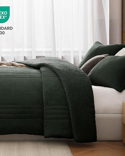 Monbix Fluffy Full Comforter Set Deep Forest, Sherpa Plush Fuzzy Comforter 3 Piece for Full Size Bed, Luxury Soft Winter Warm Bedding Set