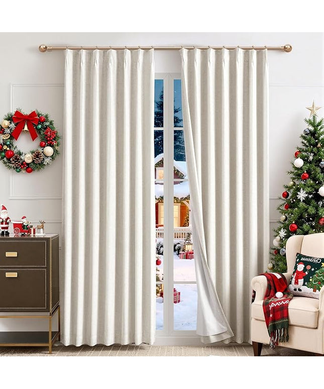 IVAPUPU Natural Linen Blend Pinch Pleated Blackout Curtains for Bedroom - 2 Pages Black Out Curtains 63 Inch 2 Panels Set for Living Room Darkening Thermal Thick Window Curtain Drapes with 16pc Hooks