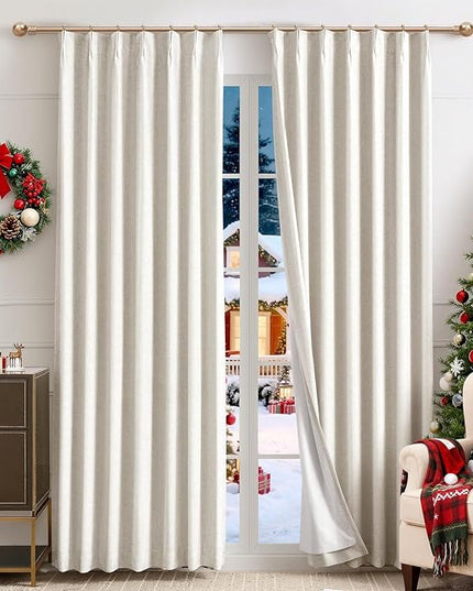 IVAPUPU Natural Linen Blend Pinch Pleated Blackout Curtains for Bedroom - Black Out Curtains 72 Inch 2 Panels for Living Room Darkening Thermal Insulated Thick Window Curtain Drapes with 16pc Hooks