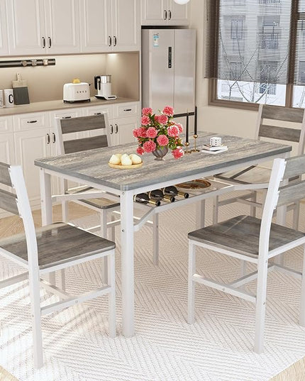 Hooseng Dining Table Set for 4, Wood Kitchen Table Chairs Set with Storage, Farmhouse 5 Piece Dining Room Table Set, Space-Saving Dinette Set for Breakfast Nook, Apartment