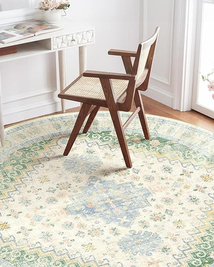 MUJOO Round Rugs 5ft,Circle Area Rug Washable,Circular Rugs for Living Room Dining Room,Boho Non Slip Throw Carpet Light Green and Blue