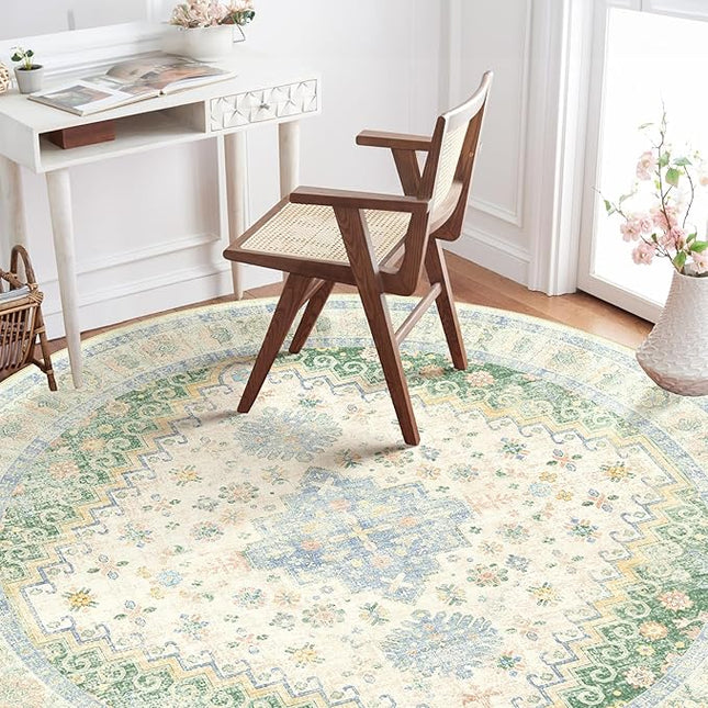 MUJOO Round Rugs 5ft,Circle Area Rug Washable,Circular Rugs for Living Room Dining Room,Boho Non Slip Throw Carpet Light Green and Blue