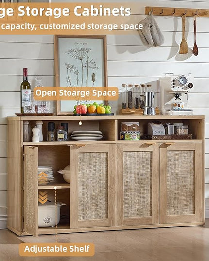 LEYAOYAO Rattan Sideboard Buffet Cabinet,55" Coffee Bar Cabinet with 4 Doors & Open Storage Shelf,Modern Credenza Console Table for Living Room Rattan Farmhouse Entryway Natural