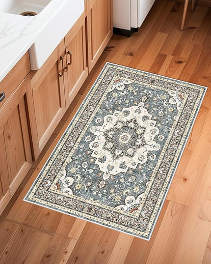 Washable Oriental Area Rug - 2x3 Rugs for Living Room Soft Carpet for Bedroom Waterproof Floral Distressed Indoor Stain Resistant Non-Shedding Floor Carpets (Blue, 2x3)