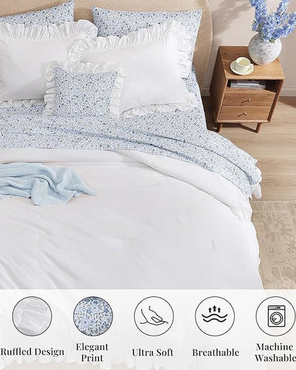 Full Comforter Set - 7 Pieces Ruffle White Bedding Sets, Shabby Chic Farmhouse Bed in a Bag Full with Ruffle Comforter, Floral Sheets, Pillowcases & Shams