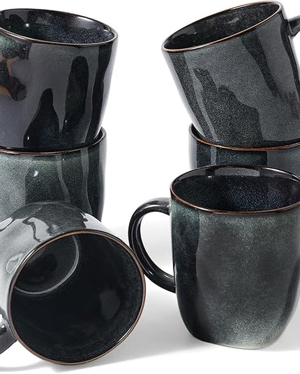 famiware Coffee Mugs Set of 6, Ocean Square 13oz Coffee Cup Set with Handle for Cocoa, Milk, Hot Chocolate, Tea, Water, Stoneware Cups for Kitchen, Microwave and Dishwasher Safe, Deep Forest
