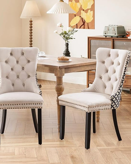 SoarFlash Velvet Dining Chairs Set of 2, Tall Back Side Chair, Modern Upholstered Side Chair with Button Back Ring, Solid Wood Legs (White&Plaid)