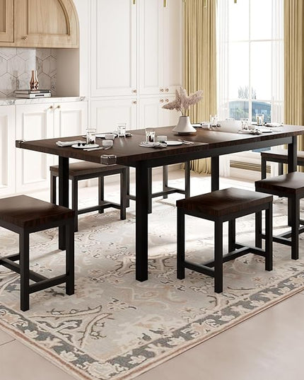 Feonase 7-Piece Dining Table Set with 6 Stools, 63 Inch Extendable Kitchen Table for 4-8, Kitchen Room Set with MDF Board & Metal Frame, Farmhouse Table, Space-Saving, Espresso