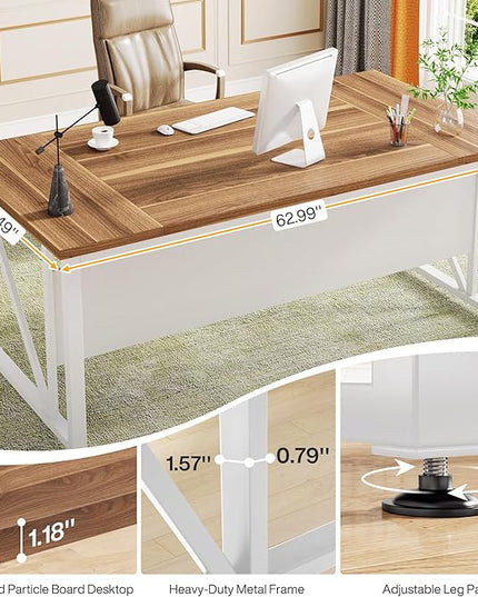 Tribesigns 63 inches Computer Desk with Bottom Storage Shelf Home Office Desk Writing Table for Workstation,Dark Walnut + Steel Leg， Cabinet not Included (Beige, 63-inch)