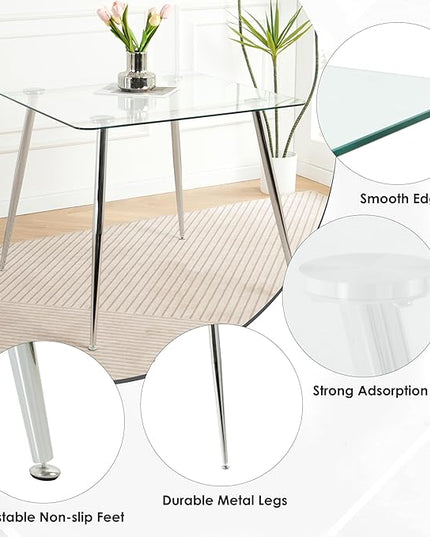 Silver Glass Dining Room Table Set for 4, 36'' Modern Luxury Square Dinner Table Set, 5 Piece Clear Glass Top Minimalist Kitchen Table Set, Ivory Woven Dining Chair for Small Apartment