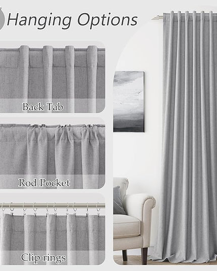 Guken Grey Linen Blackout Curtains 108 Inch Length 2 Panels Set for Living Room Bedroom Back Tab Thermal Insulated 100% Black Out Linen Drapes Room Darkening Window Curtains 108 Inches Long