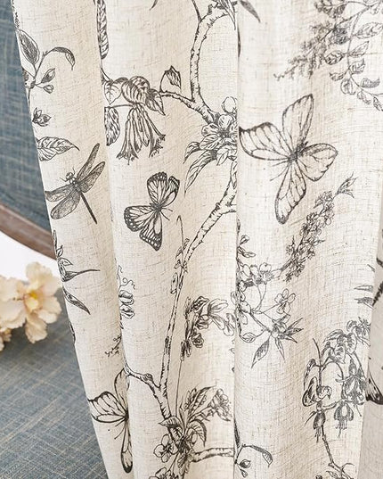 Lazzzy Black Floral Linen Farmhouse Curtains 108 Inch Length Drapes for Living Room Bedroom Pattern Light Filtering Country Vintage Curtain Grommet Top, 2 Panels, Black on Beige