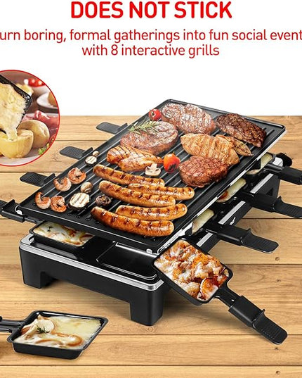 Raclette Table Grill, Techwood Electric Indoor Grill Korean BBQ Grill, Removable 2-in-1 Non-Stick Grill Plate, 1500W Fast Heating with 8 Cheese Melt Pans, Ideal for Parties and Family Fun (Black)