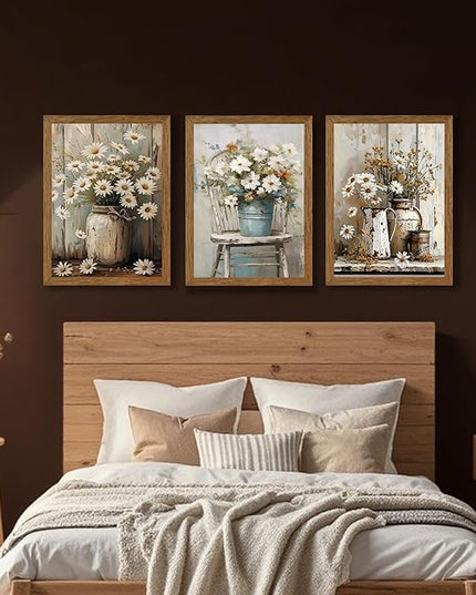 DUWQU 3 Piece Framed Elegant Farmhouse Canvas Wall Art, Vintage Floral Pictures Art Wall Decor, Nature Themed Daisy Art Prints for Living Room Bedroom Kitchen and Office Ready to Hang 16×24 Inches