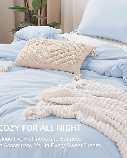 Litanika Comforters Light Blue Queen Size, 3 Pieces Lightweight Solid Bedding Comforter Set, All Season Fluffy Bed Set (90x90In Comforter & 2 Pillowcases)