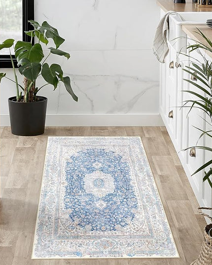 Small Rugs 2x3,Blue Rug for Entryway Bathroom Bedroom Kitchen Entrance Doormat,Boho Vintage Bohemian Distressed Washable Accent Floor Throw Carpet Non Slip,Floral